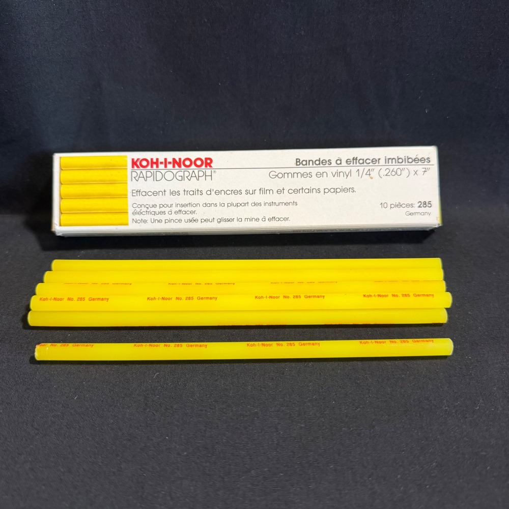 Vtg Koh-I-Noor Rapidograph 285 Imbibed Eraser Strips Yellow Vinyl 1/4" Refills